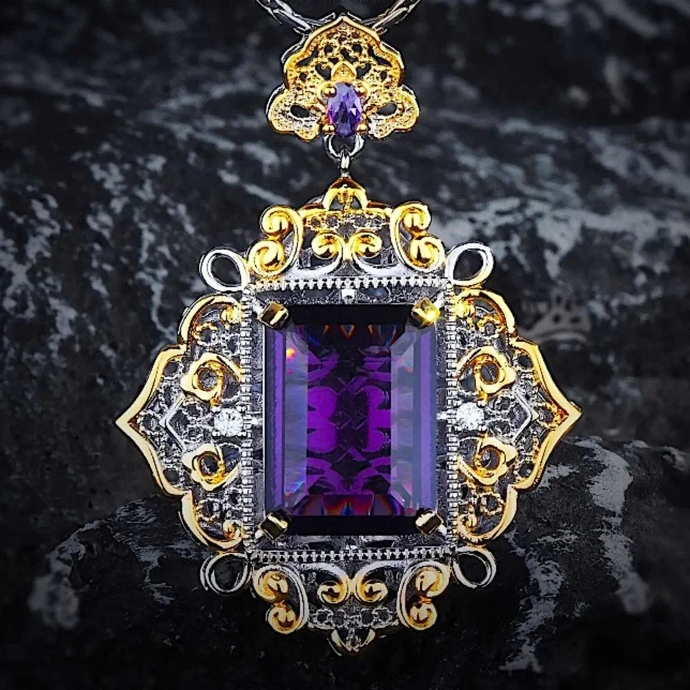 Antique Amethyst Pendant Necklace, Two Tone, Gold, Silver, Women’s, Gemstone,
